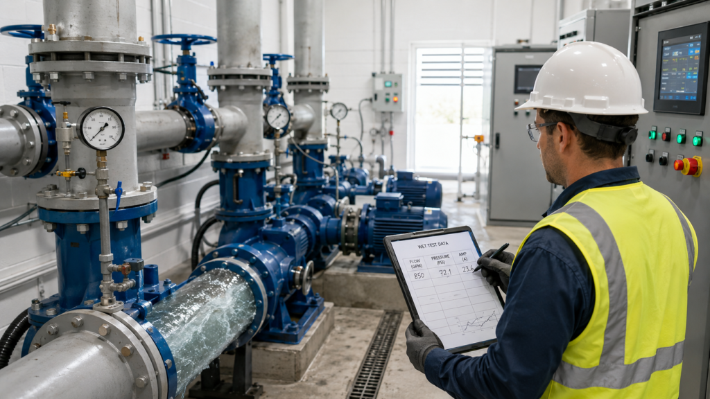  Pump station commissioning checklist wet test with flow and pressure readings.