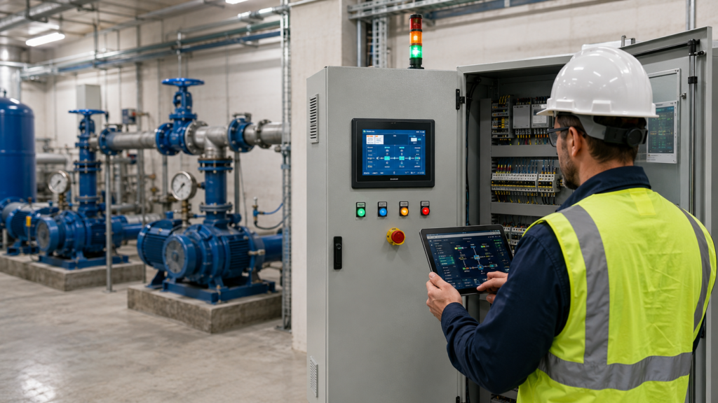 Modern pump control panel with automation alarms and remote monitoring