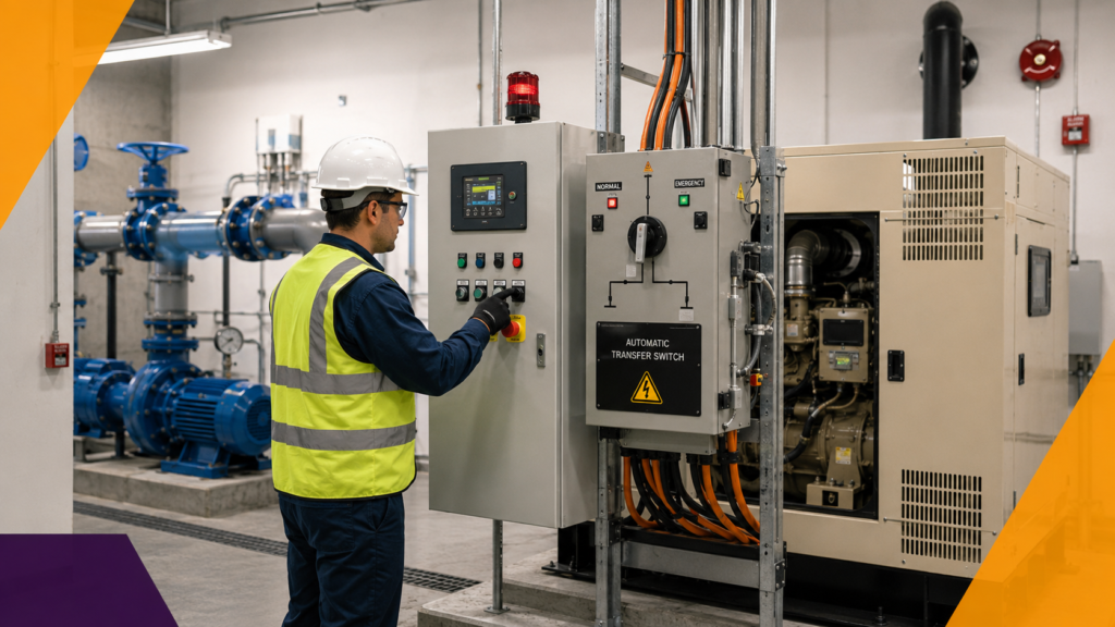 Technician testing backup power during pump station commissioning.