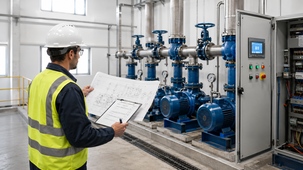 Technician reviewing pump station commissioning checklist and project drawings.