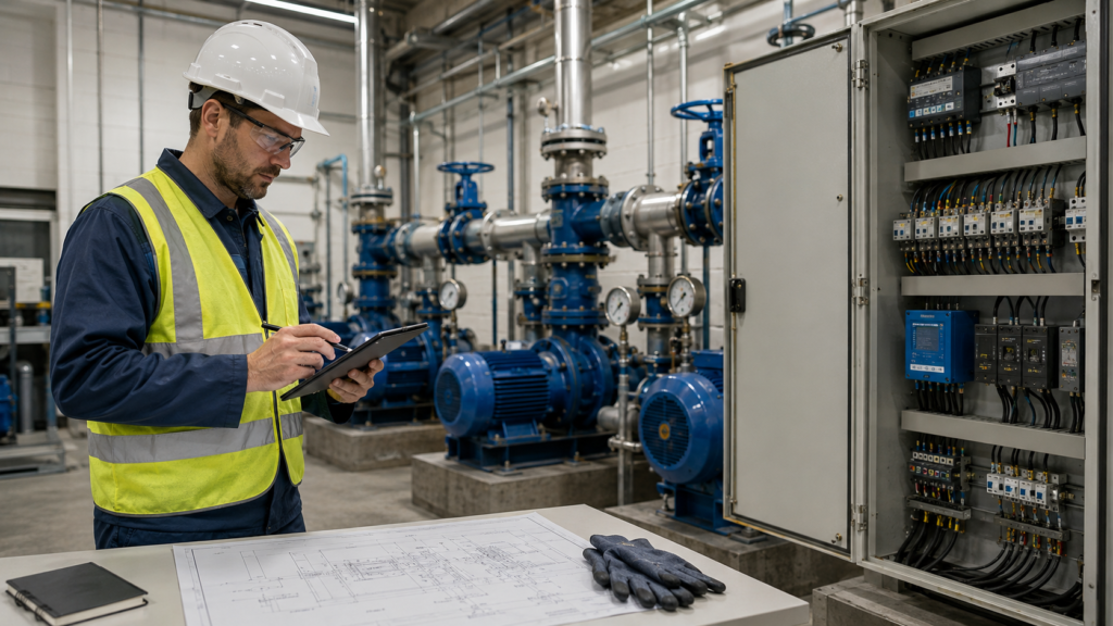 Technician reviewing pump control panel requirements for a pump station