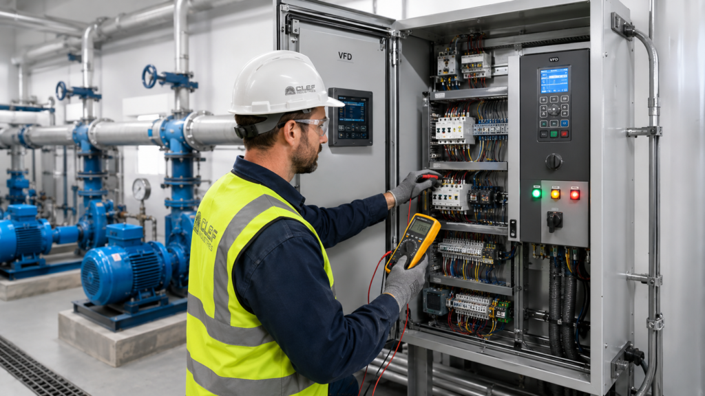 Technician testing VFD settings during pump station commissioning.