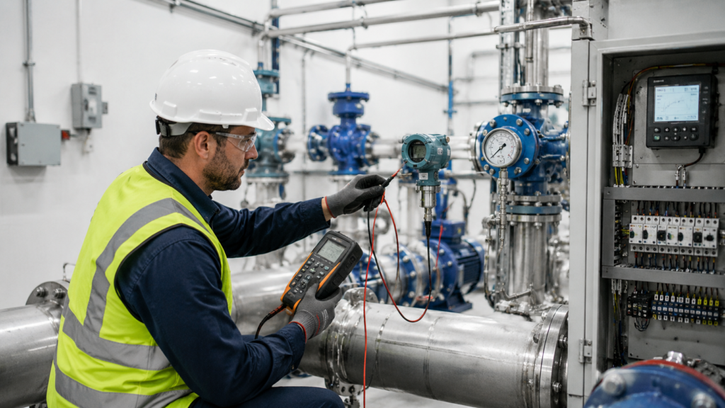 Technician calibrating pump station sensors and pressure instruments.